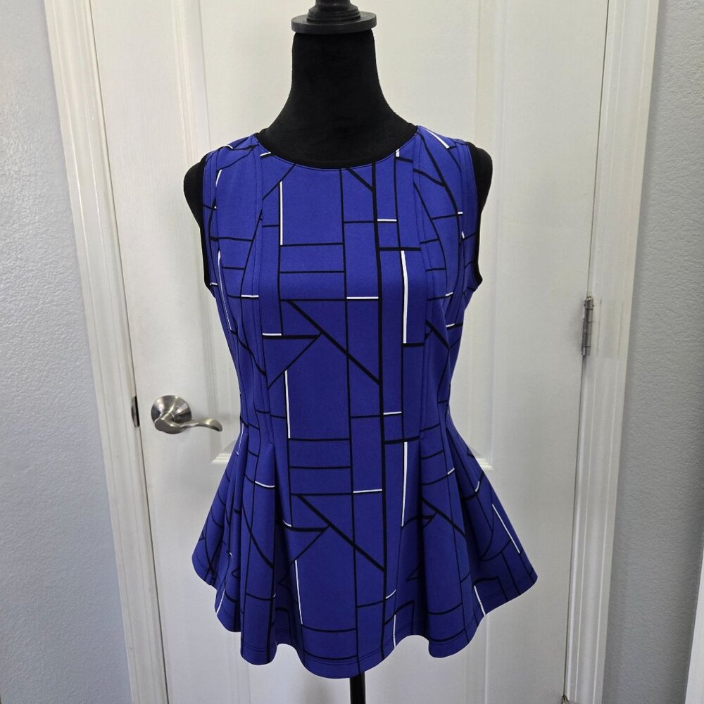 Worthington Womens Sleeveless Peplum Top Blue Geometric Print Sz S